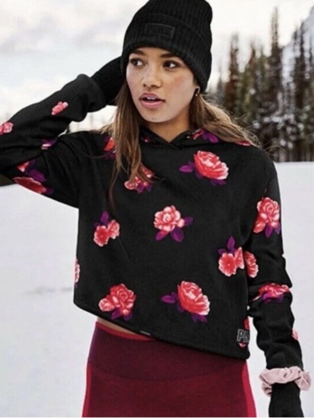 VS PINK Pullover Hoodie Rose Print Small
